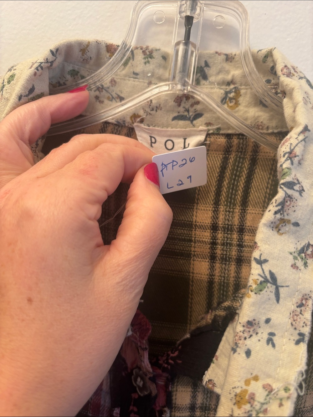 POL | Patchwork Plaid & Floral Jean Jacket in Olive, Burgundy, Cream Sz L - Picture 9 of 10